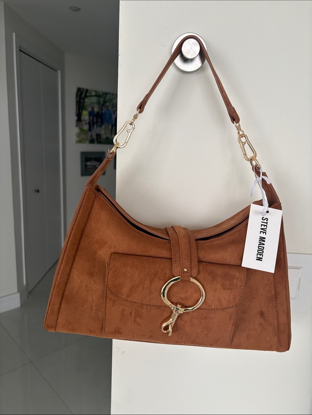 Steve Madden Tobacco Faux Suede Shoulder Bag with Gold Ring